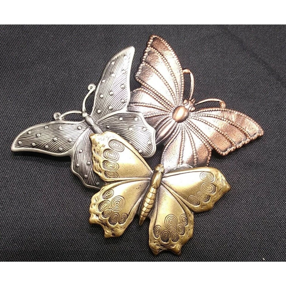 Vintage Gold Silver & Copper Tone Butterflies Brooch